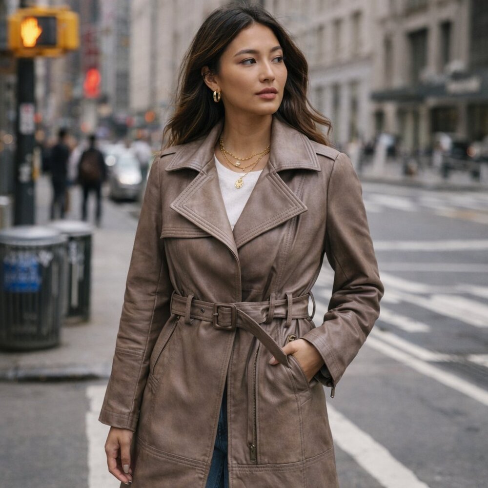 NWOT Bebe Metallic Trench 100% Leather Coat Jacket Brown/Tan Taupe Women Size S